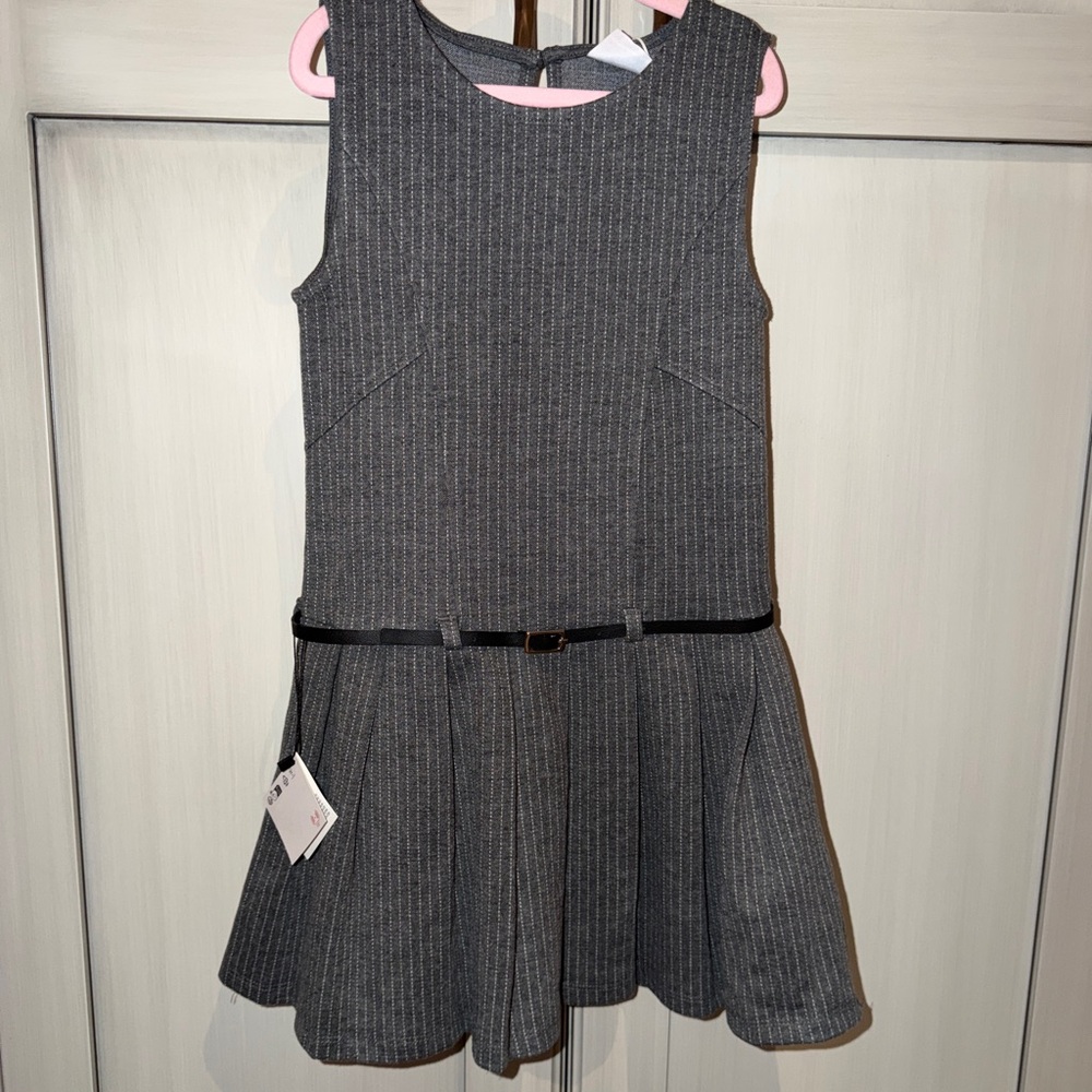 Zara Girls Gray Pinstripe Pleated Dress with Black Belt